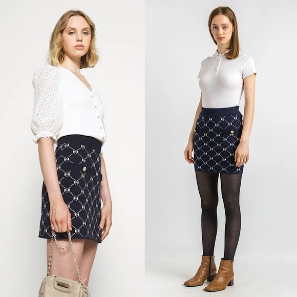 MAJE Navy Bow Design Jacquard Knit Gold Logo Button Patch Pocket Mini Skirt 6 - Picture 2 of 14